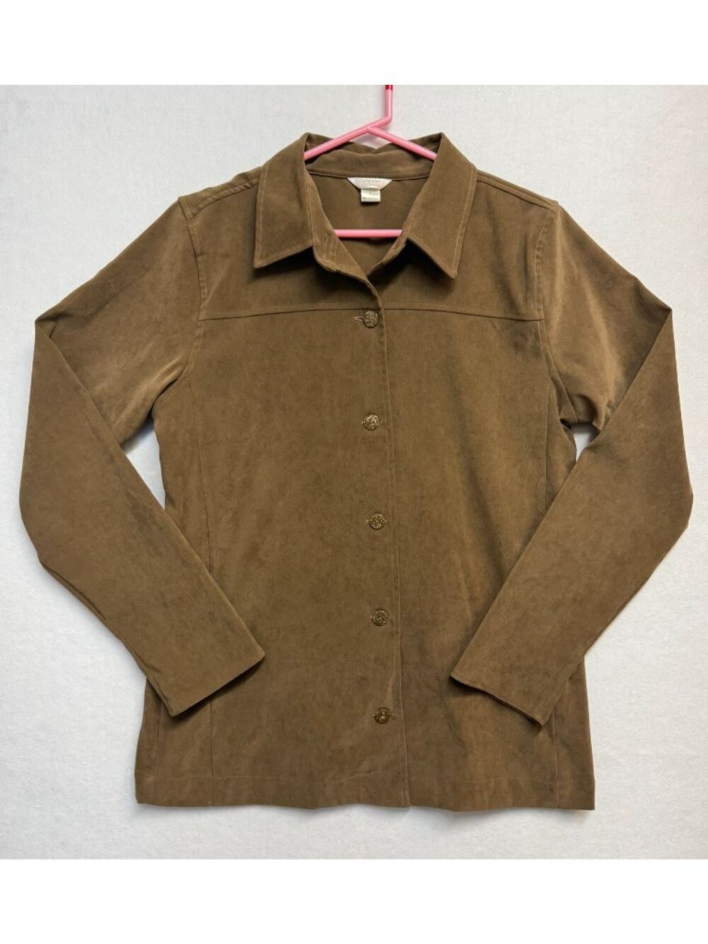 Christopher & Banks Womens Brown Button-Up Jacket Size L Faux Suede Long Sleeve
